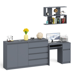 Тумба-комод с дверками и ящиками на 1600 со столом с тумбой и ящиком справа и навсеной полкой Мори