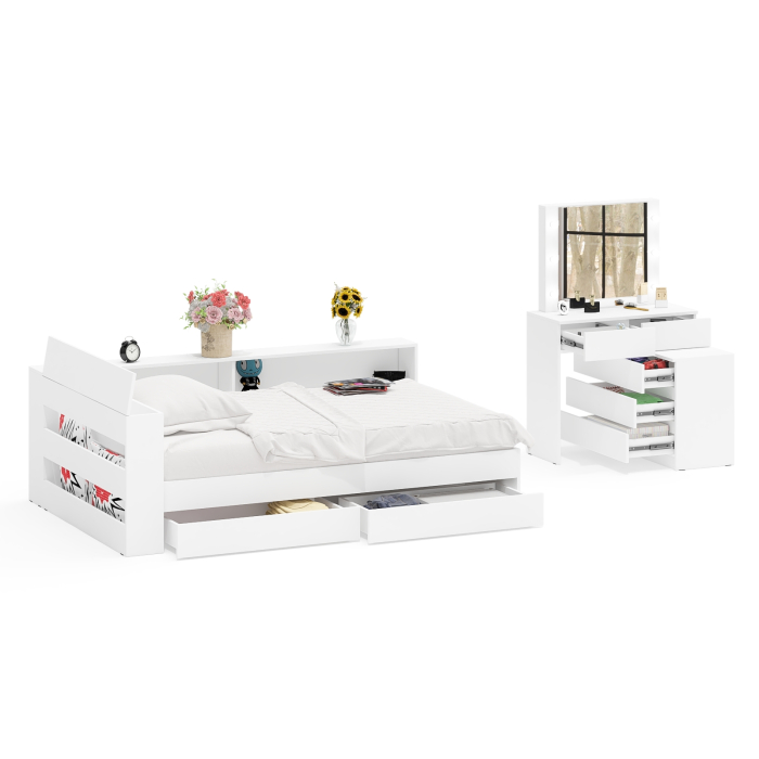 Спальные гарнитуры, Туалетный столик для спальни с подсветкой 110 и Ксения кровать 1200 с ящиками и прикроватный блок