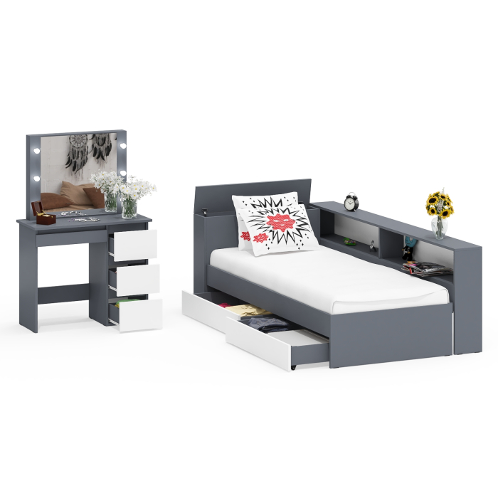 Спальные гарнитуры, Кровать с ящиками с прикроватным блоком для вещей Ксения 900 и столик косметический с подсветкой Сура