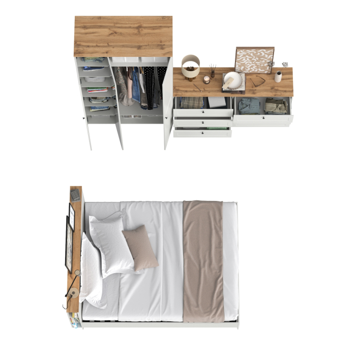 Спальные гарнитуры, Шкаф для одежды трёхдверный с зеркалом Остин с кроватью с основанием и комода на 6-ть ящиков