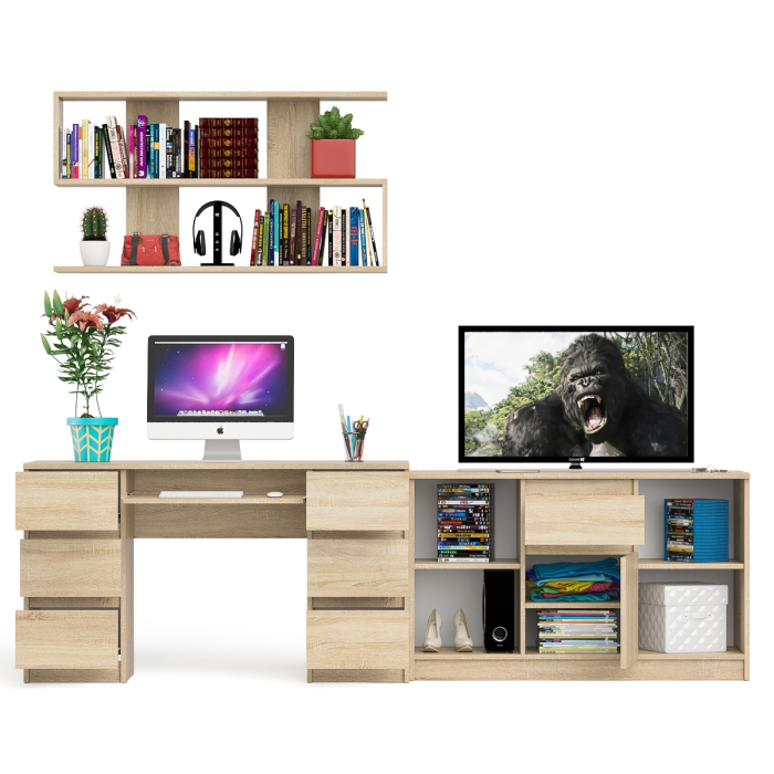 Домашние кабинеты, Стол письменный двухтумбовый Мори МС-2 с навесной открытой полкой и тумбой под ТВ