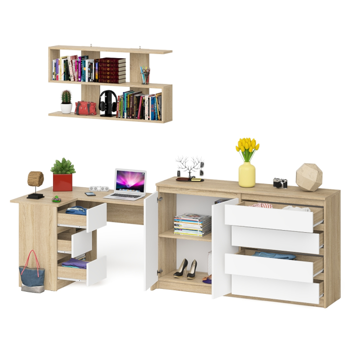 Домашние кабинеты, Угловой компьютерный стол с тремя ящиками Мори МС-16 левый с тумбой-комодом и книжной полкой