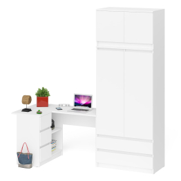 Компьютерный угловой стол - тумба слева со шкафом-комодом и антресолью Мори