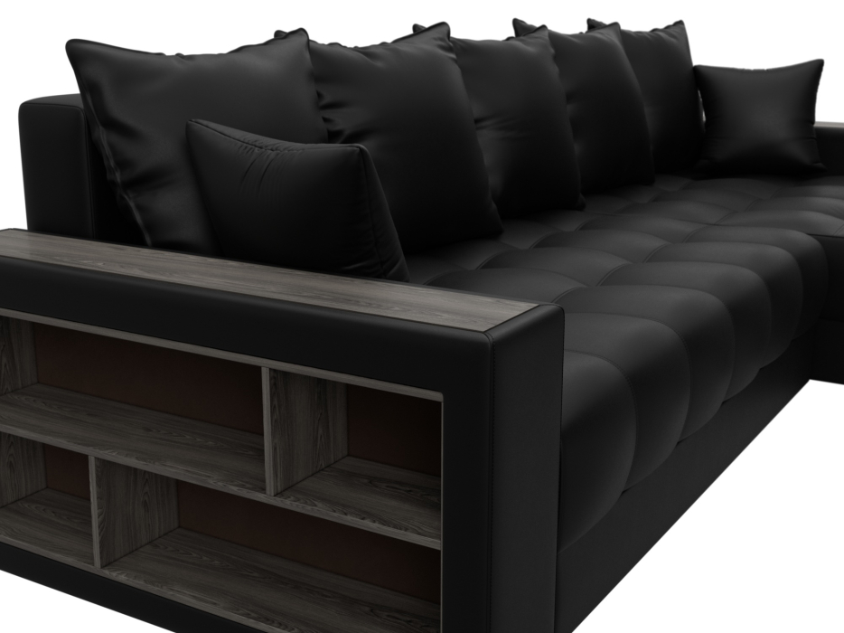 Диваны угловые в гостиную, Диван угловой с декором и полкой Лига-050 НПБ, экокожа GRIFON