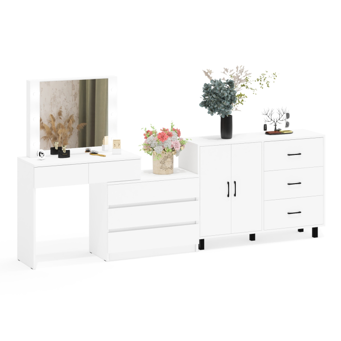 С зеркалом, Стол косметический с подсветкой 110 и тумба-комод с тремя ящиками и дверками 123-1204