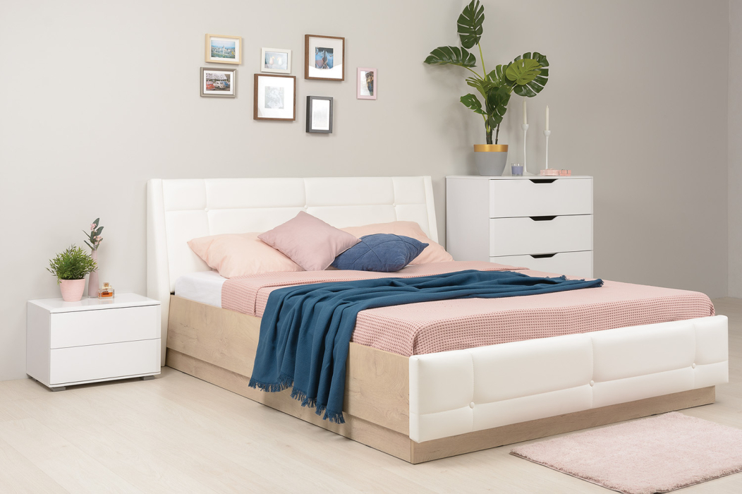 Двуспальные, Кровать Муссон 11.28ПОД с подъёмным основанием дуб эндгрейн/иск.кожа белая