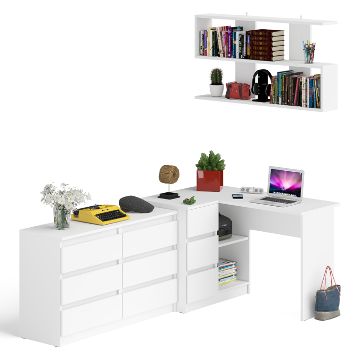 Домашние кабинеты, Стол компьютерный угловой МС-16 левый Мори с полкой для книг и широким комодом