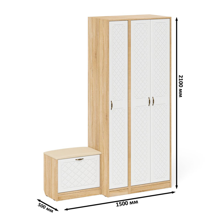 Прихожие, Шкаф с пеналом и тумбой для обуви с мягким сиденьем П-6-500 фрезеровка ромб