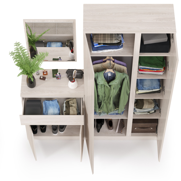 Прихожая, Шкаф для одежды с зеркалом внутри с комодом и зеркалом Ника