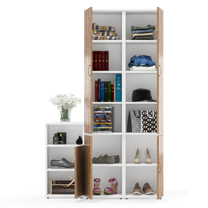 Домашние кабинеты, Тумба с дверкой и полкой внутри и два пенала пять полок каждый Лидер-8