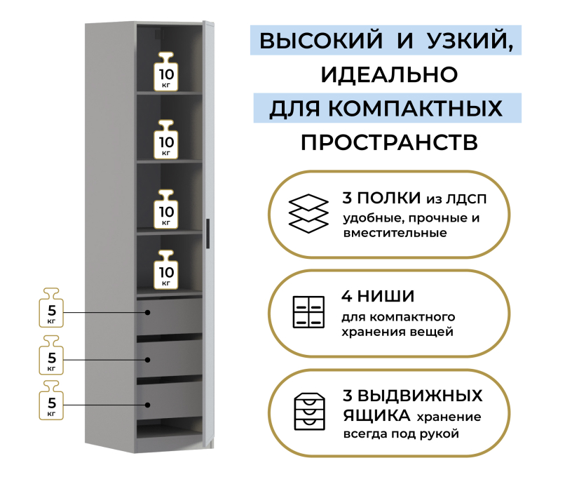 Для одежды, Шкаф однодверный Макс 500 мм, вариант №5 (ЛДСП/МДФ)