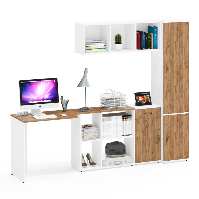 Домашние кабинеты, Домашний офис Лидер-8 из компьютерного стола с верхней полкой и пенала для одежды с тумбой МД 3.15
