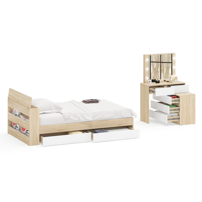 Спальные гарнитуры, Столик туалетный с лампочками 110 с полутораспальной кроватью с ящиками Ксения 1200