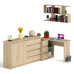 Угловой компьютерный стол с тремя ящиками Мори МС-16 левый с тумбой-комодом и книжной полкой