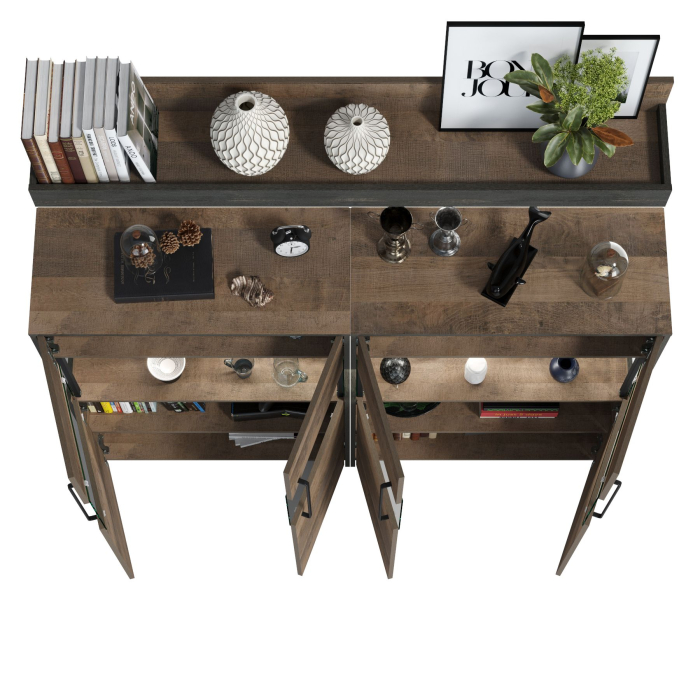 Стенки для гостиной, Два комода с витриной с подсветкой и навесная полка Трувор