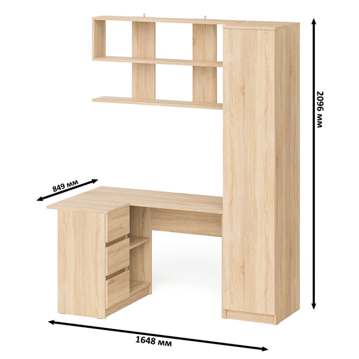 Домашние кабинеты, Угловой компьютерный стол с ящиками Мори МС-16 левый с книжной полкой и пеналом с полками