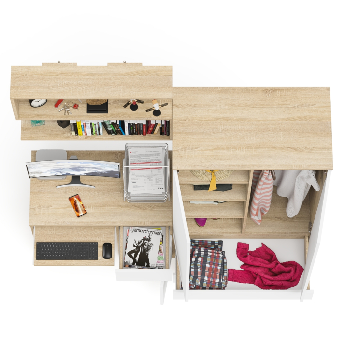 Домашние кабинеты, Стол компьютерный с ящиком МС-1 правый с навесной полкой и шкаф-комод МШ900.1 Мори