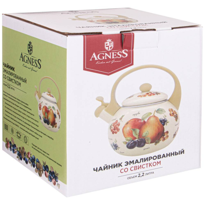 Прочая посуда и аксессуары, ЧАЙНИК AGNESS ЭМАЛИРОВАННЫЙ СО СВИСТКОМ, СЕРИЯ ФРУКТЫ 2,2Л