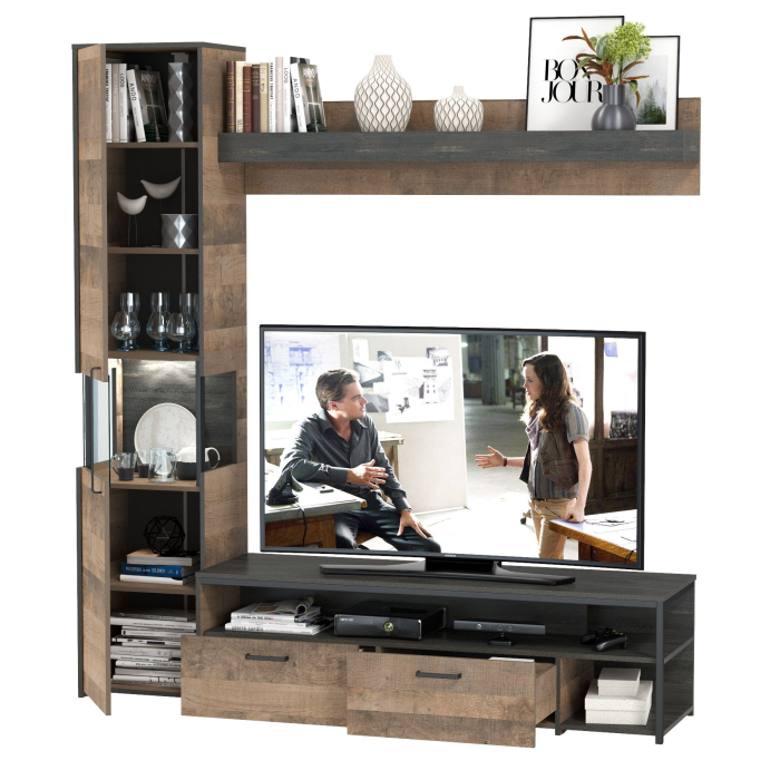 Стенки для гостиной, ТВ-тумба с навесной полкой и шкаф-пенал с витриной с подсветкой Трувор