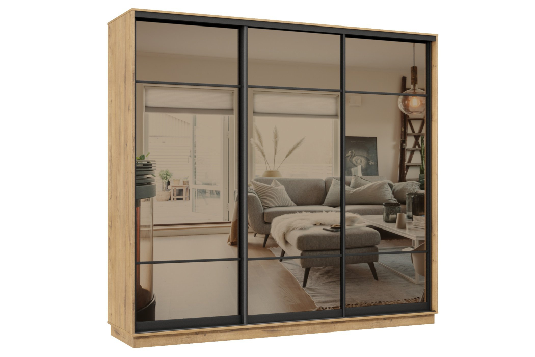 Шкафы-купе 3-х дверные, Шкаф-купе Премьер 34 (11ЗБ;11ЗБ;11ЗБ) фасады зеркало бронза/трёхдверный//Профиль чёрный муар