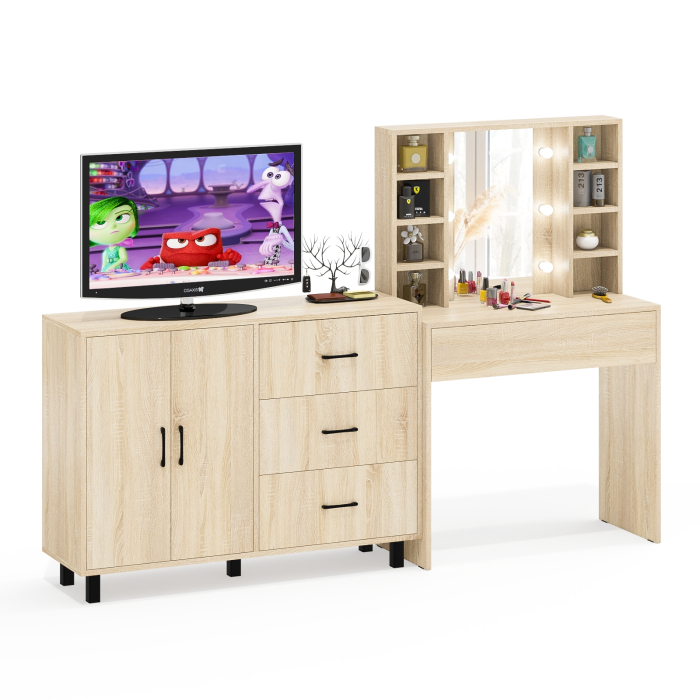 С зеркалом, Туалетный столик с подсветкой 115 и тумба-комод 123-1204