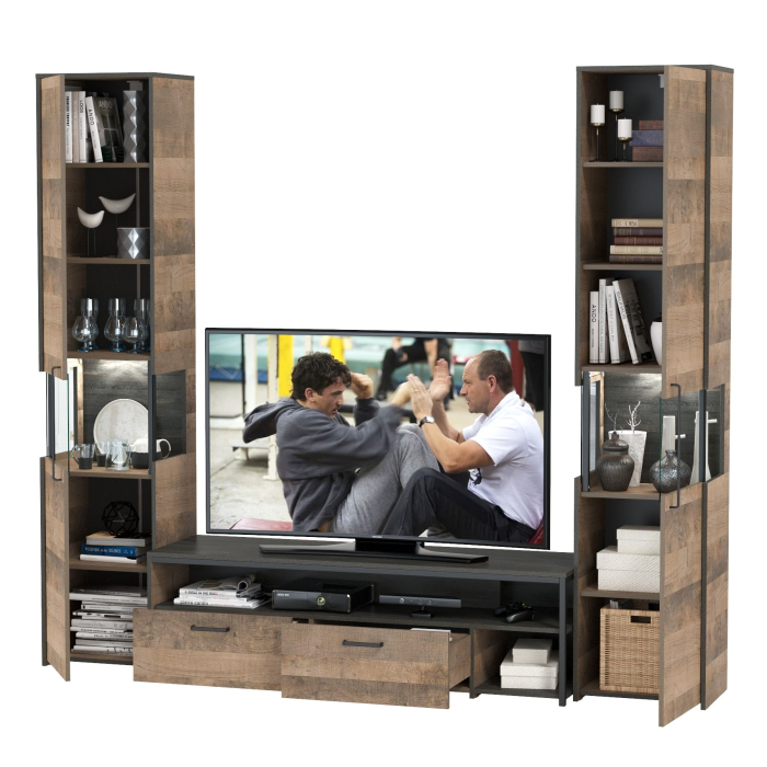 Стенки для гостиной, Два шкафа-пенала с подсветкой и тумба под ТВ Трувор № 18