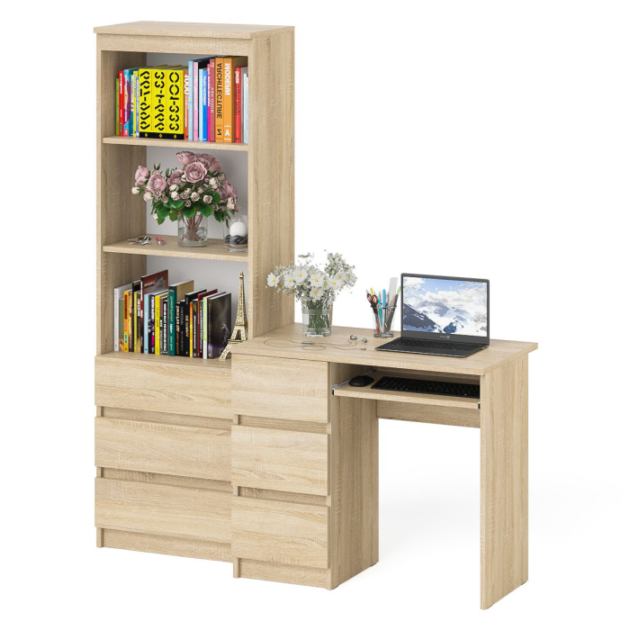 Домашние кабинеты, Стол компьютерный с тумбой с ящиками слева и стеллаж-комод МСТ600.3 Мори