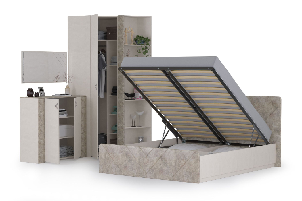 Модульные cпальни, Спальня Амели № 9 шёлковый камень/бетон чикаго беж, 5 предметов мебели