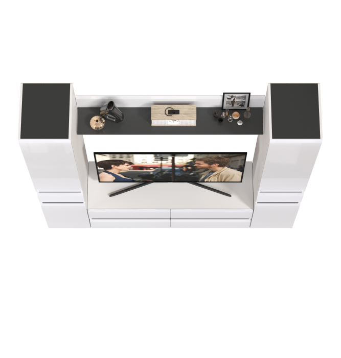 Стенки для гостиной, Тумба-ТВ с открытой навесной полочкой и два пенала Сидней с ящиками