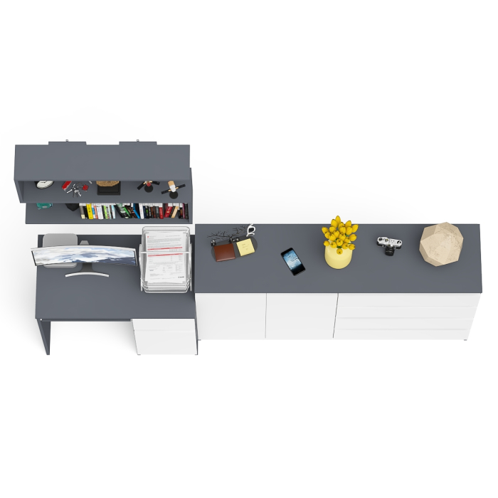 Домашние кабинеты, Тумба-комод с дверками и ящиками на 1600 со столом с тумбой и ящиком справа и навсеной полкой Мори