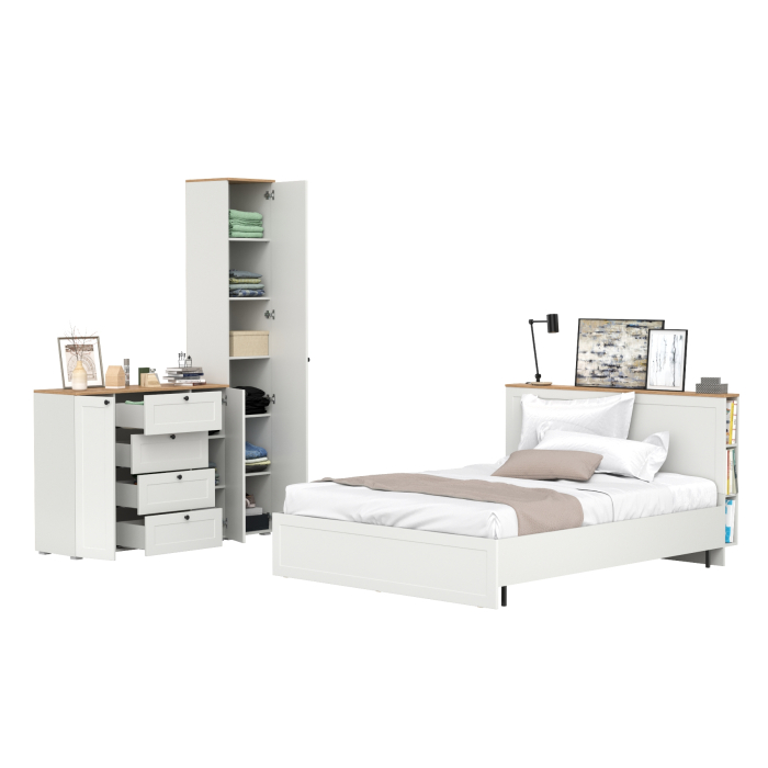 Спальные гарнитуры, Двуспальная кровать с ортопедическим основанием Остин и шкаф-пенал 13.227 с комодом 16.221