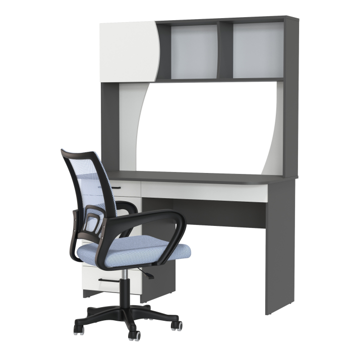 Прямые компьютерные столы, Стол компьютерный с надстройкой Сигма и компьютерное кресло серое