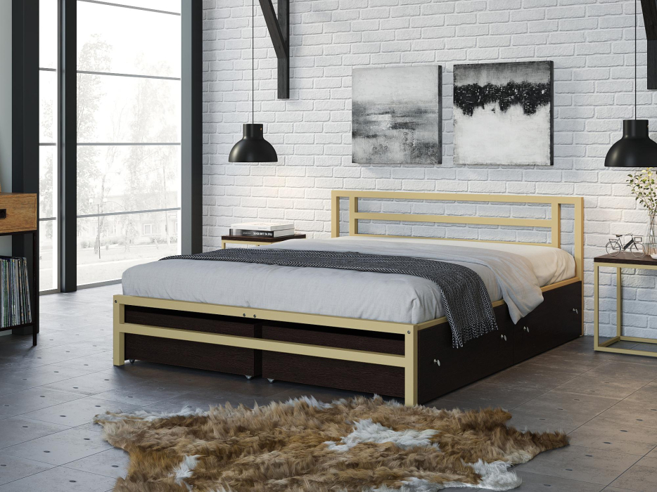 Двуспальные, Двуспальная металлическая кровать Титан с ящиками венге