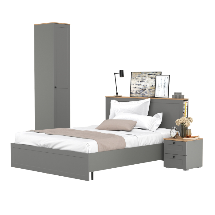 Спальные гарнитуры, Кровать двуспальная Остин с ортопедом и платяной шкаф-пенал с тумбой прикроватной