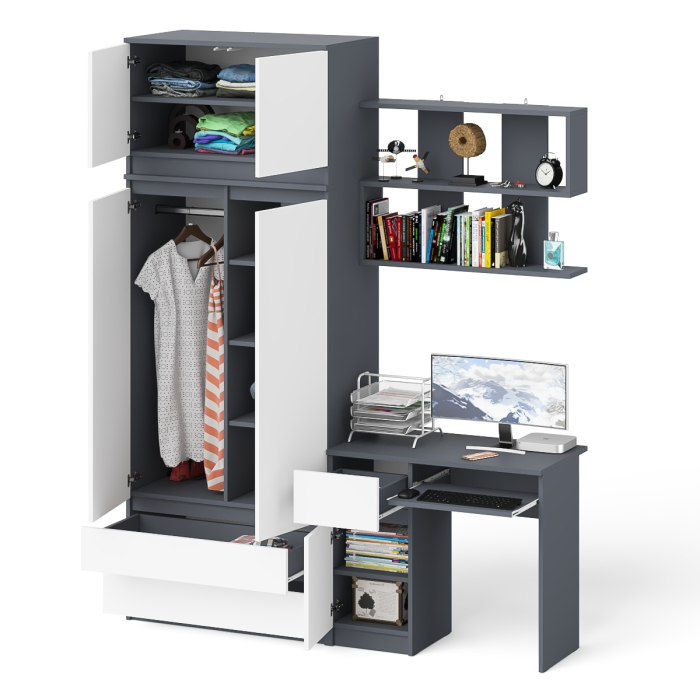 Домашние кабинеты, Стол однотумбовый Мори МС-1 левый с полкой навесной и комодом-шкафом с антресолью