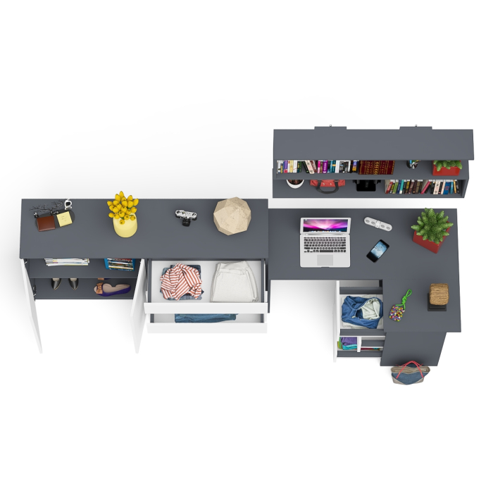 Домашние кабинеты, Тумба-комод МК1600.1 Мори с навесной книжной полкой и угловой компьютерный стол МС-16 правый