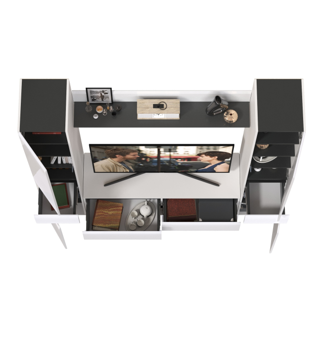 Стенки для гостиной, Тумба-ТВ с открытой навесной полочкой и два пенала Сидней с ящиками