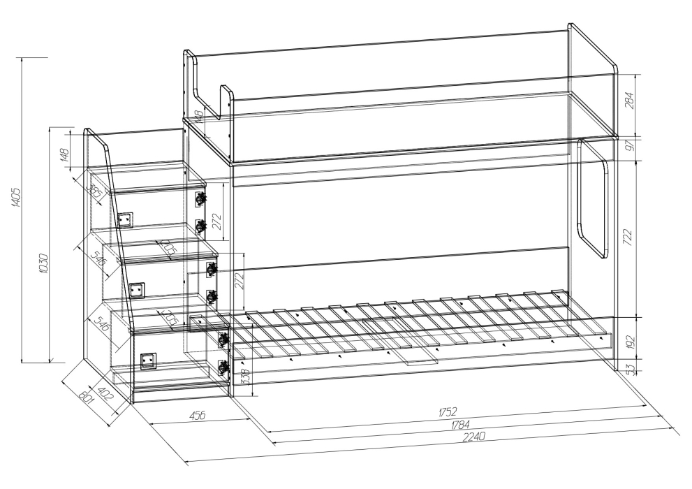 Для подростков, Кровать двухъярусная с угловой лестницей Ridgimmi 4.3