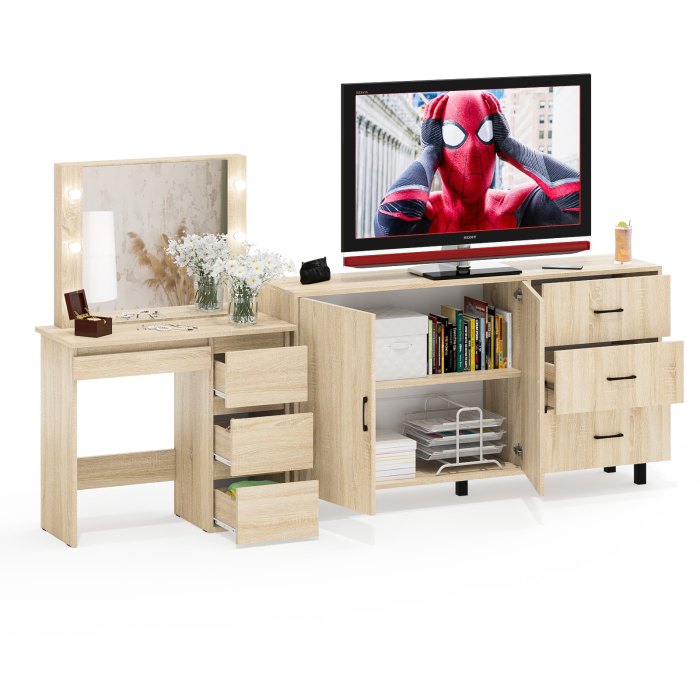 С зеркалом, Косметический столик Сура с зеркалом и подсветкой и с тумбой-комодом 123-1604