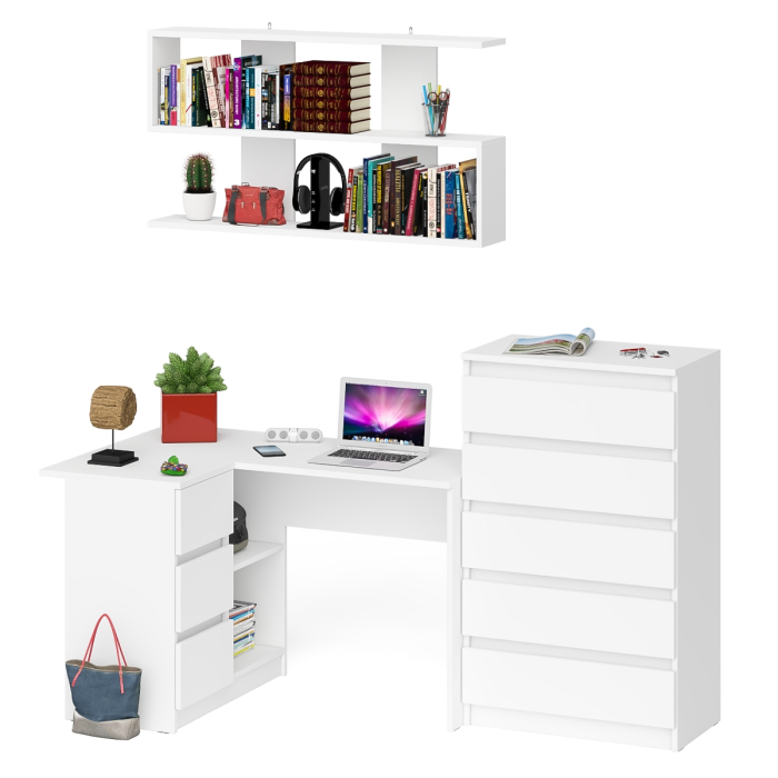 Домашние кабинеты, Угловой компьютерный стол Мори МС-16 левый с навесной полкой и высоким комодом на 5-ть ящиков