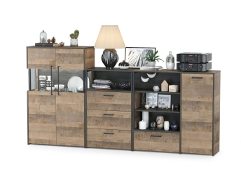 Комод с ящиком Трувор и дверкой с комодом с витриной с подсветкой и комод с тремя ящиками