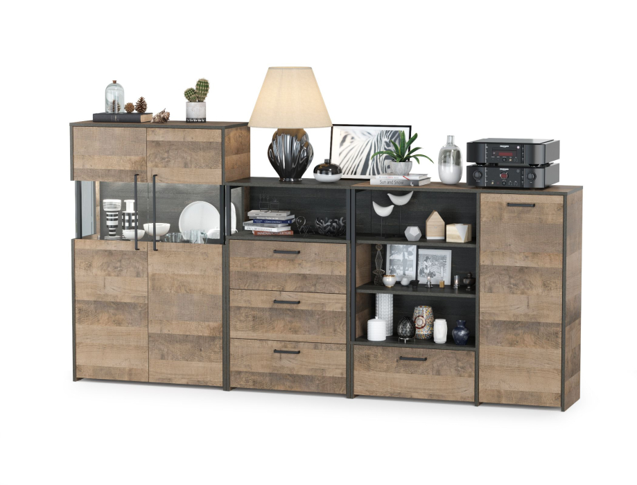 Стенки для гостиной, Комод с ящиком Трувор и дверкой с комодом с витриной с подсветкой и комод с тремя ящиками