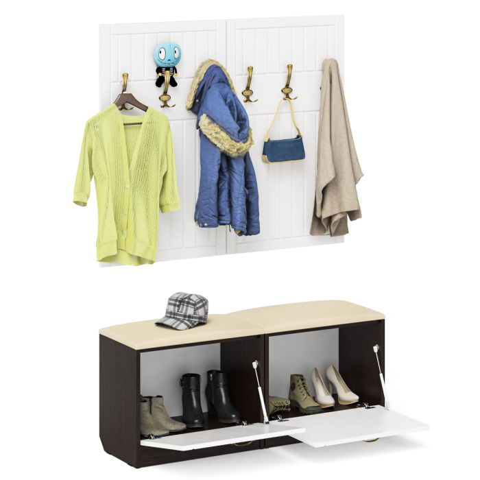 Прихожие, Две обувницы с мягким сиденьем с двумя вешалками для одежды П-6 МДФ фрезеровка прованс