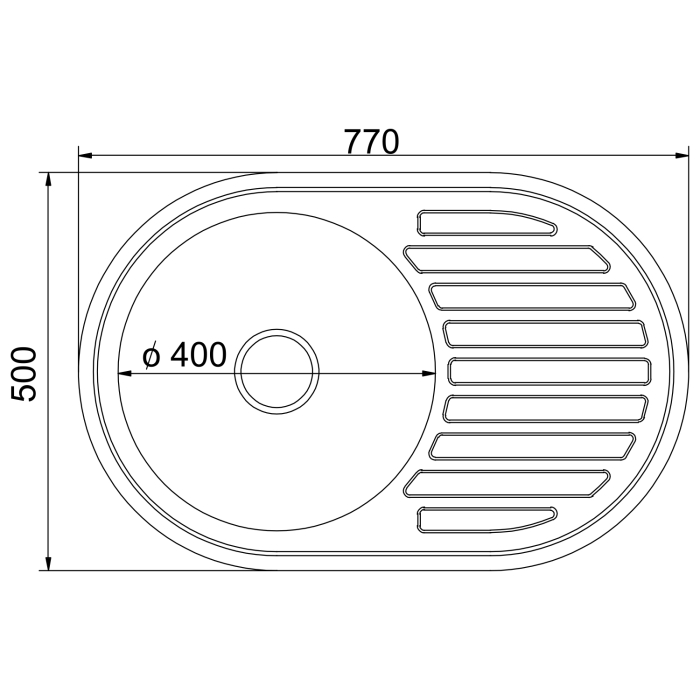 Кухонные мойки, Мойка овал 77х50 (0,8) прав вып 3 1/2 MIXLINE 18см с сифоном