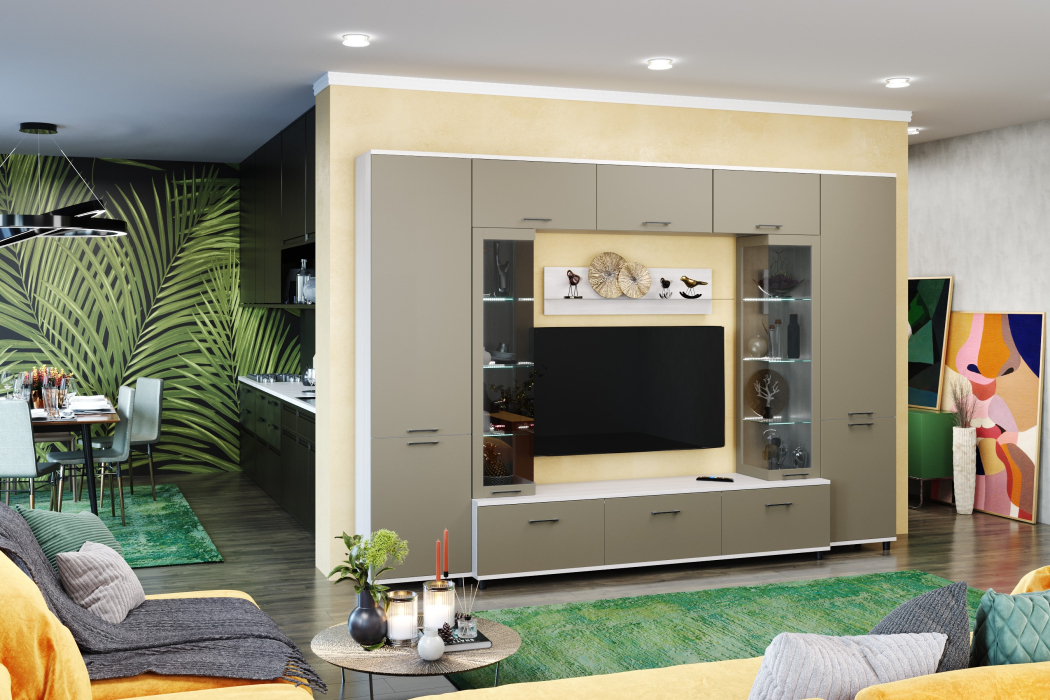 Стенки для гостиной, Модульная гостиная Грейс композиция 6  Снежный Ясень