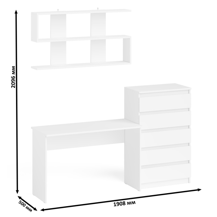 Прямые компьютерные столы, Комод высокий Мори пять выдвижных ящиков со столом для работы на 1200 и навесной полкой 1200