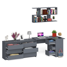 Комод широкий 6-ть ящиков Мори МК1380.6 с угловым компьютерным столом МС-16 правым и открытой книжной полкой