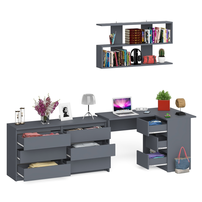 Домашние кабинеты, Комод широкий 6-ть ящиков Мори МК1380.6 с угловым компьютерным столом МС-16 правым и открытой книжной полкой