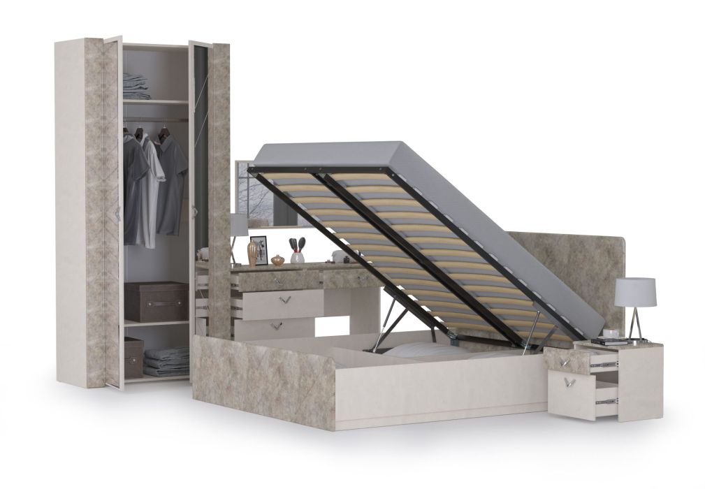 Модульные cпальни, Спальня Амели № 8 шёлковый камень/бетон чикаго беж, 6 предметов мебели