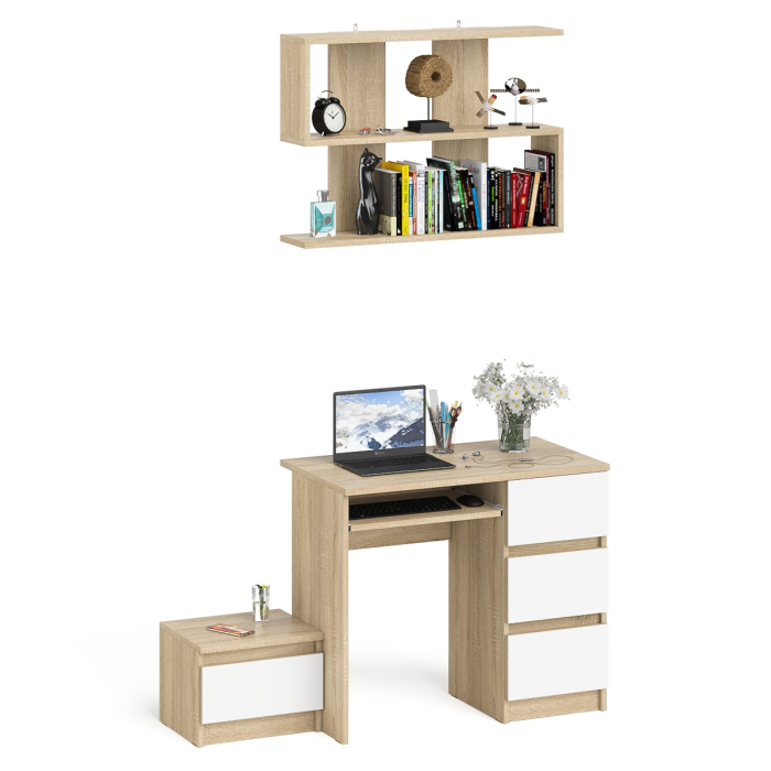 Прямые компьютерные столы, Компьютерный стол Мори МС-6 ящики справа с навесной полкой 900 и тумбой с ящиком